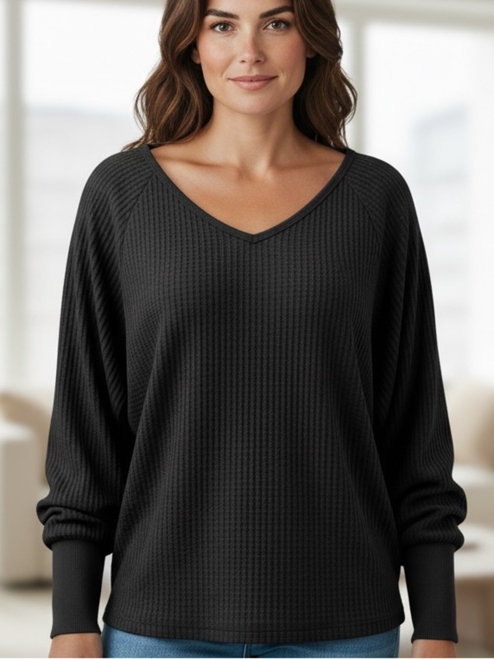 🆕 Free People Santa Clara Thermal Black Waffle Knit V-Neck Long Sleeve Top small